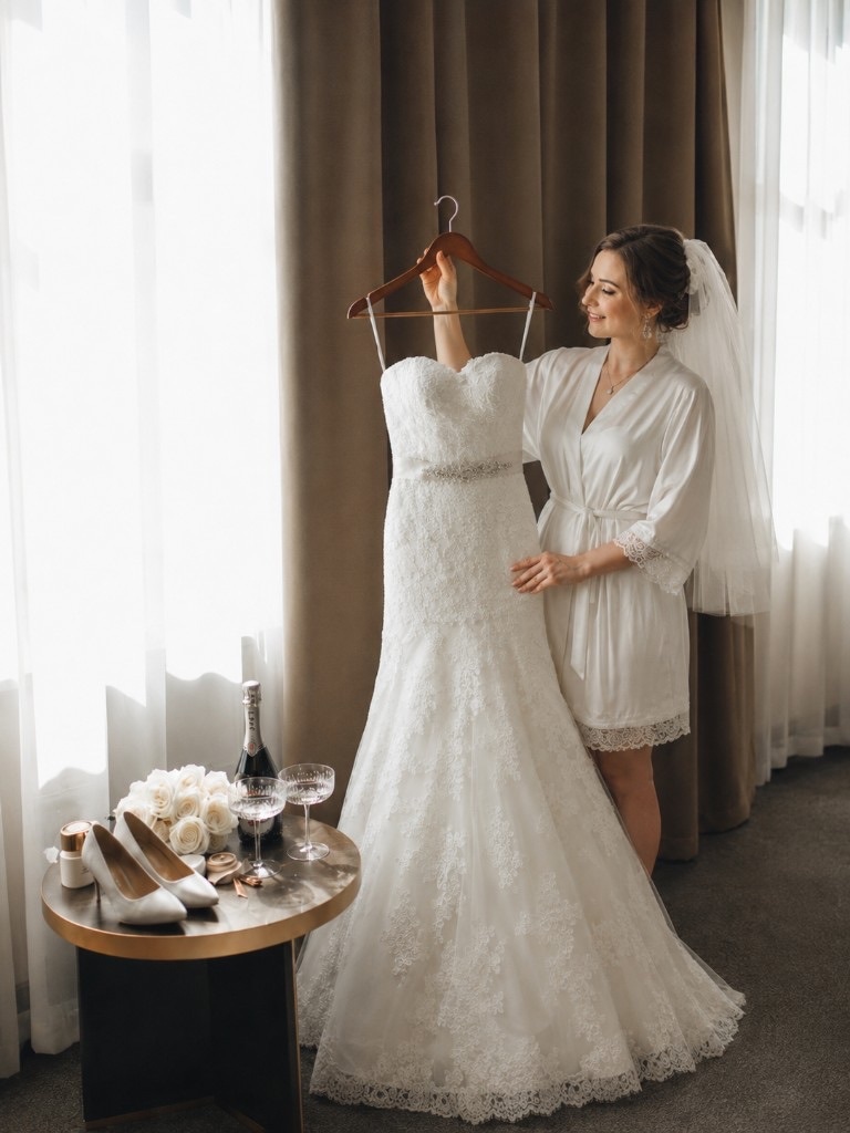 Julia getting ready with her wedding dress