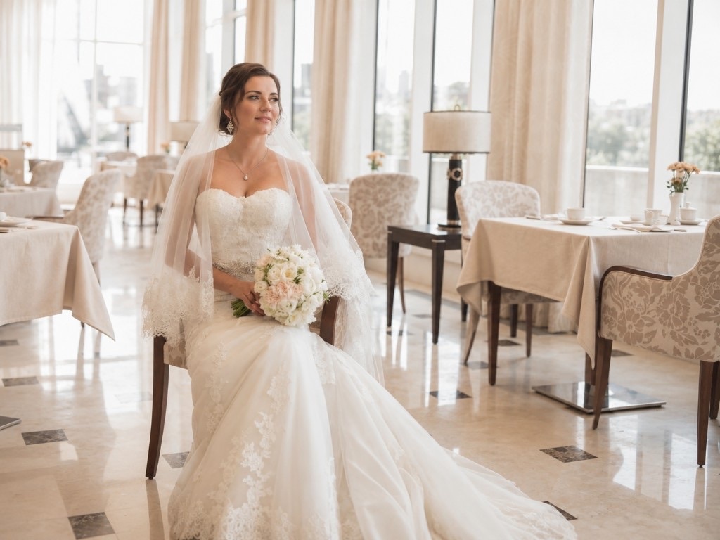 Julia seated with bouquet in the reception hall