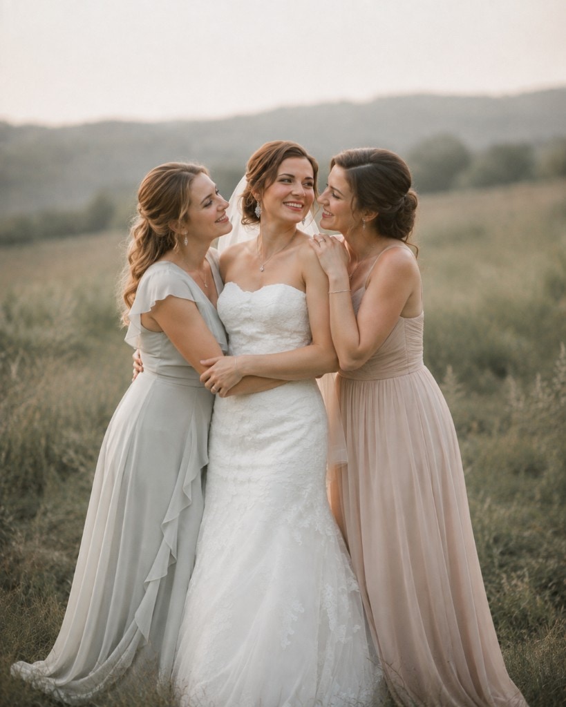 Julia with her bridesmaids in the field