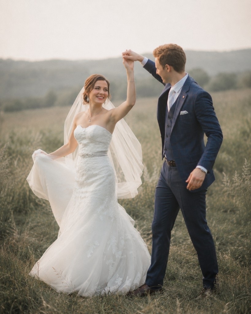 Alex twirling Julia in the field